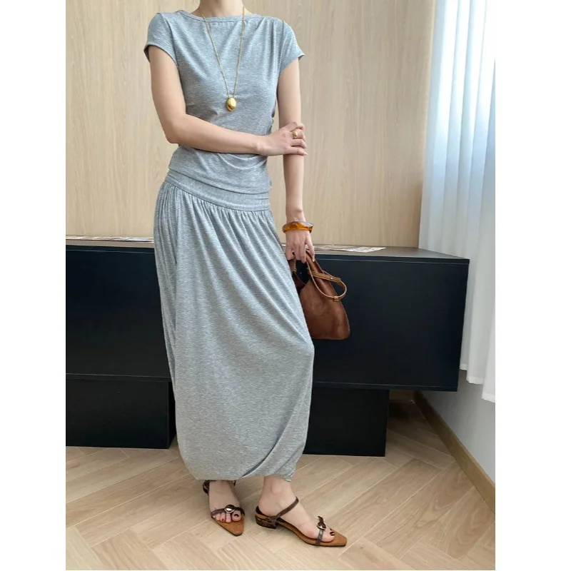 Spring and summer new European and American style irregular short sleeved T-shirt+flower bud skirt two-piece set