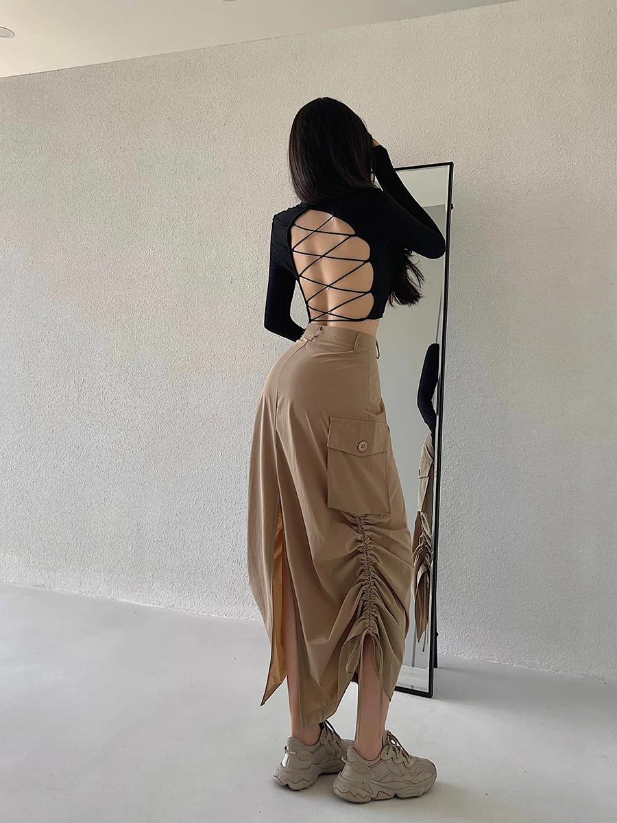 

American Style Street Loose Slimming Drawstring Pleated Mid-Length Work Skirt Half-length Skirt for Young Girls
