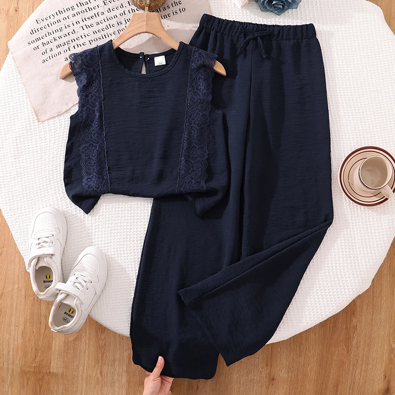 Girls 8-12 Fashion 2-Piece Set, Lace Panel Sleeveless Top & Drawstring Waist Pants, Soft Breathable for School Daily Wear