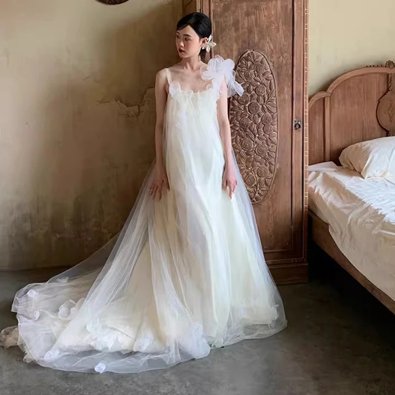 Bohemian Sheer Tulle Wedding Dress with Floral Accents Vintage Asymmetric Neckline Bridal Dress Train Beach Weddings