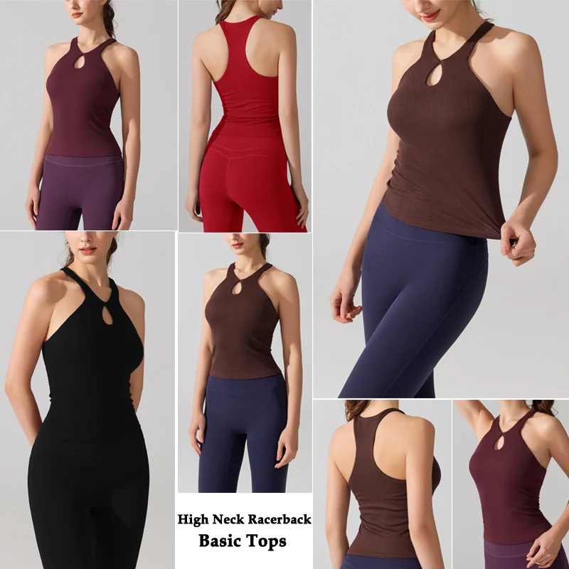 

Slim Fitted Yoga Tank Top For Women High Neck Ribbed Raceback With Built In Bra Summer Workout Sleeveless Active Tops