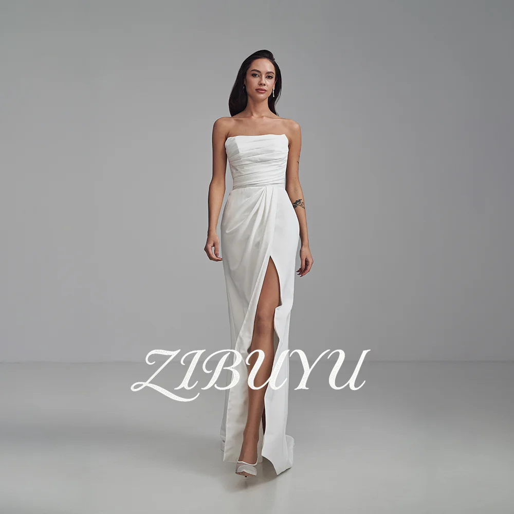 

ZIBUYU Customized 2026 Satin Wedding Dress Strapless Square Neck High Side Slit Detachable Oversized Back Bow Train Bridal Gown