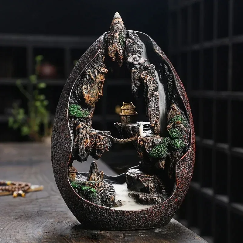 Quemador de Incienso de Flujo Inverso con Diseño de Cascada de Paisaje Budista Zen, Decoración de Resina para el Hogar, Meditación, Yoga, Oficina, Escritorio, Alivio del Estrés, Regalo