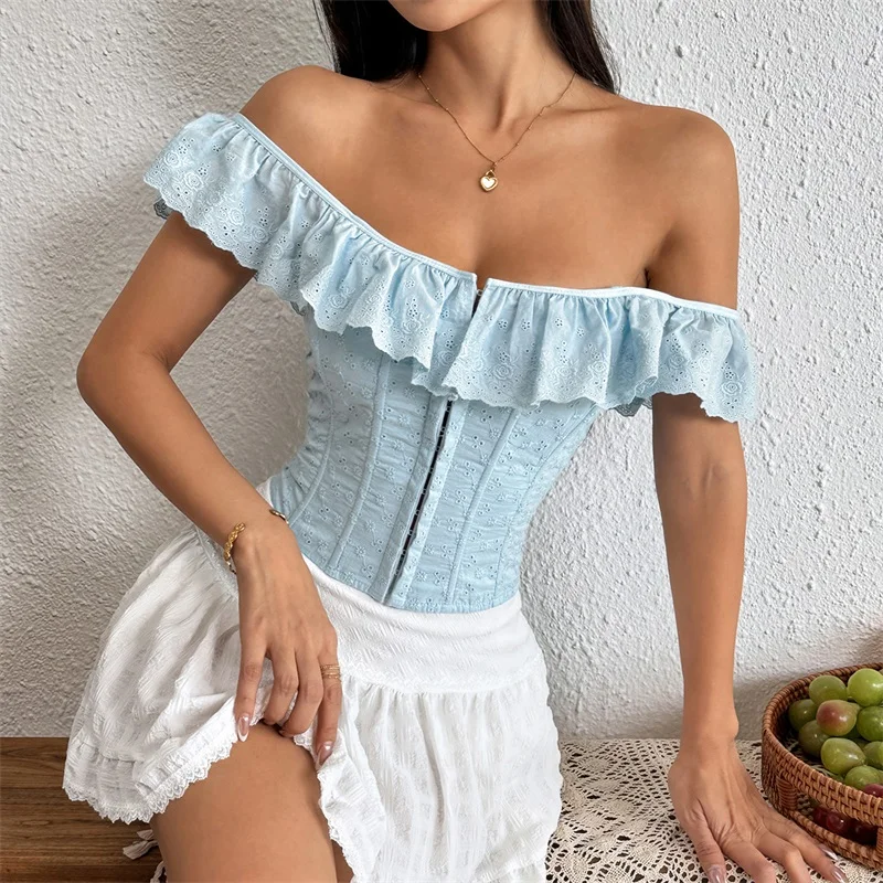 

French Ruffle Edge Buckle Lace Up Women's Small Vest Off The Shoulder Waist Cinching Singlet Sheath Slim Sleeveless Garment