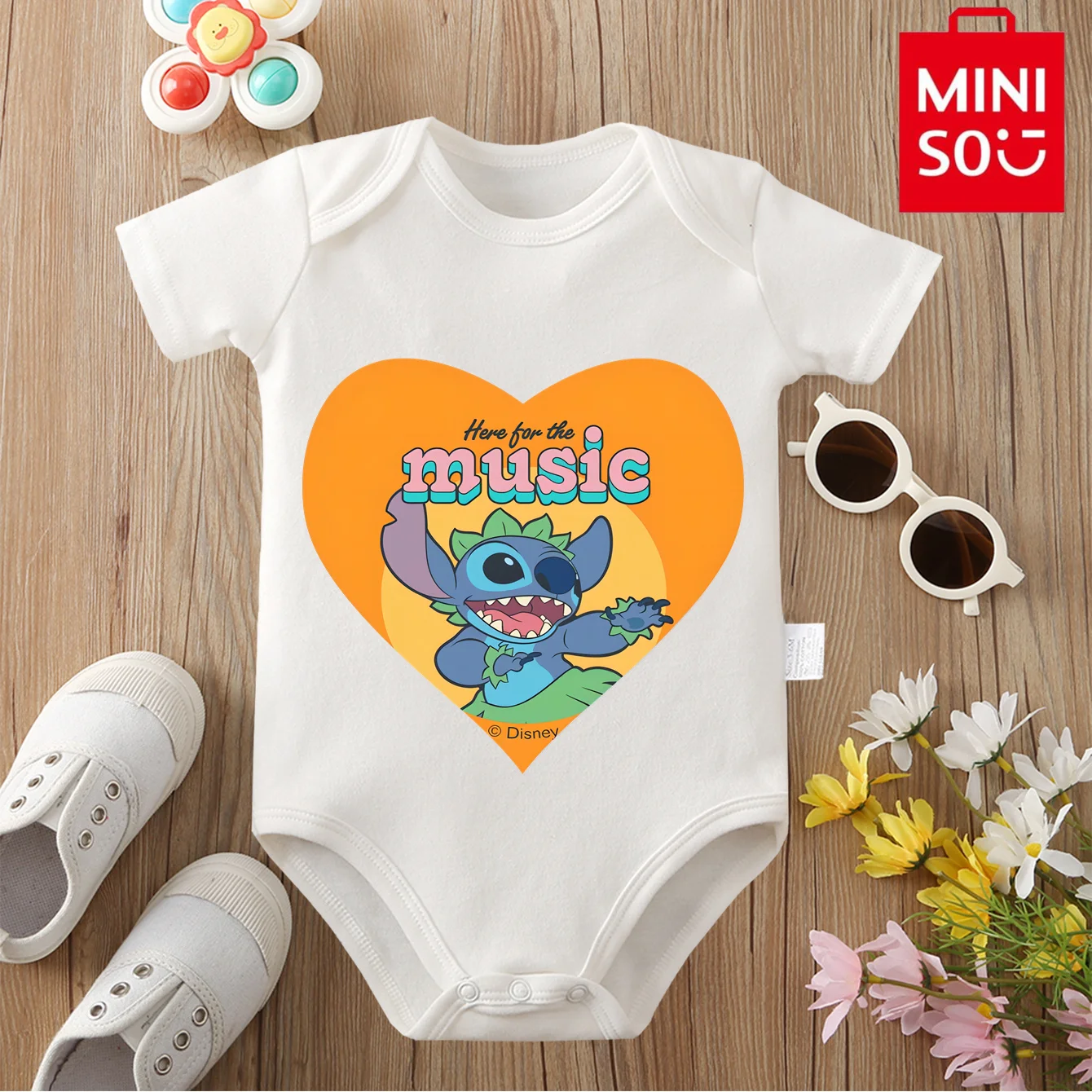 

MINISO&Disney Jointly Signed 100% Cotton Baby Clothe Baby Onesie Bodysuit Stich Love Music Cute Print for 0 To 12 Months Newborn