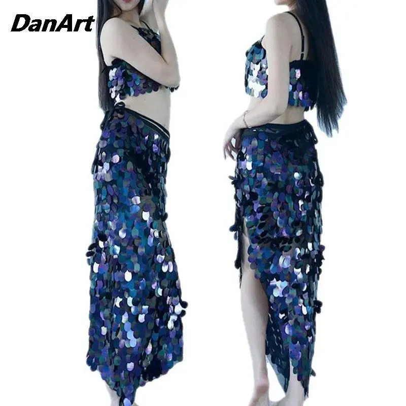 Belly Dance เซ็กซี่ Mermaid สะโพกผ้าพันคอกระโปรง + Bra สุภาพสตรี Oriental อินเดียเต้นรําเครื่องแต่งกายชุด Ball Party Stage Performance เลื่อมชุด