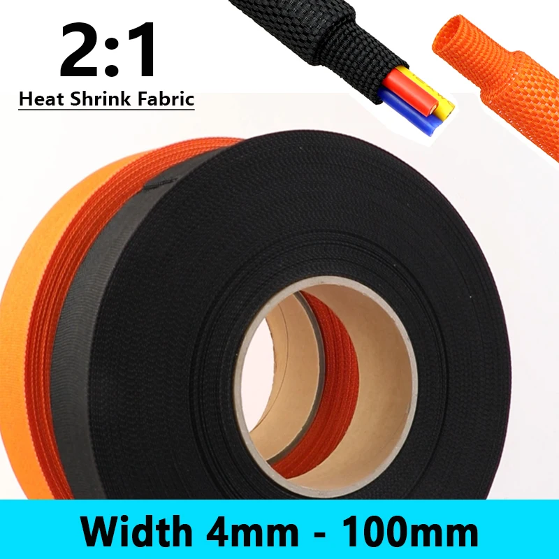 1-10M 2:1 Heat Shrink Fabric Dia.4mm - 100mm Black Orange Braided Cable Sleeve PET Insulation Wear Resistant Wire Protect Sheath