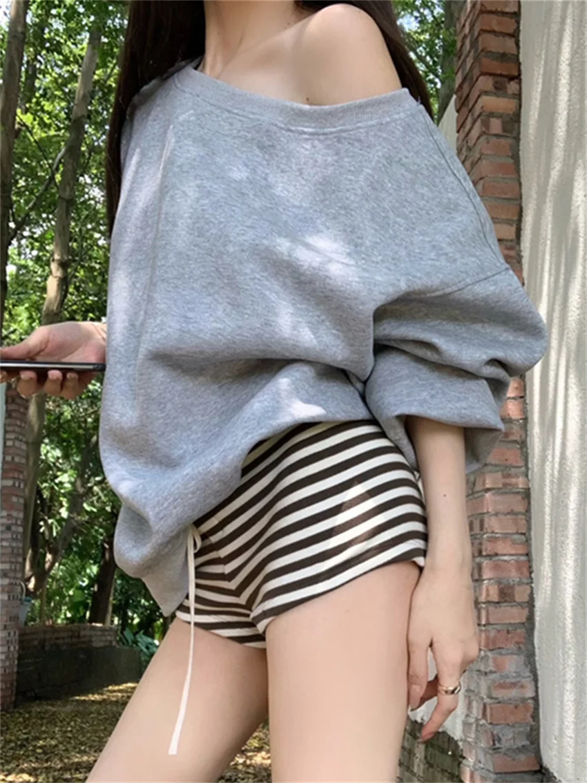 Alien Kitty High Street Solid Sweatshirts Women Loose Chic Autumn Cotton 2024 OL Stripes Slim Shorts Office Lady New Casual