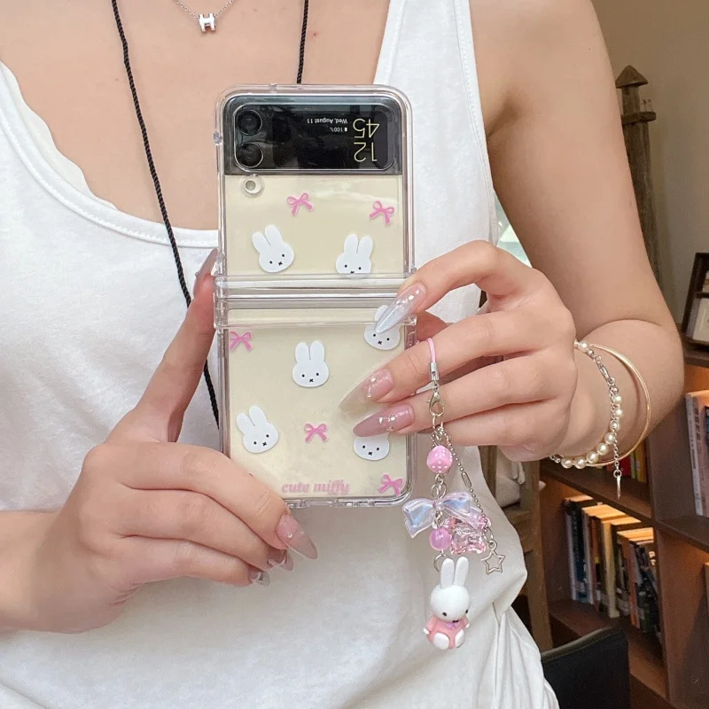 Luksusowe, urocze, przezroczyste etui na telefon z pełnym ekranem, z kokardką Miffy, składane, do Samsung Z Flip 7 6 5 4 3 ZFlip 8, styl Y2k, lalka Miffy ze smyczą.