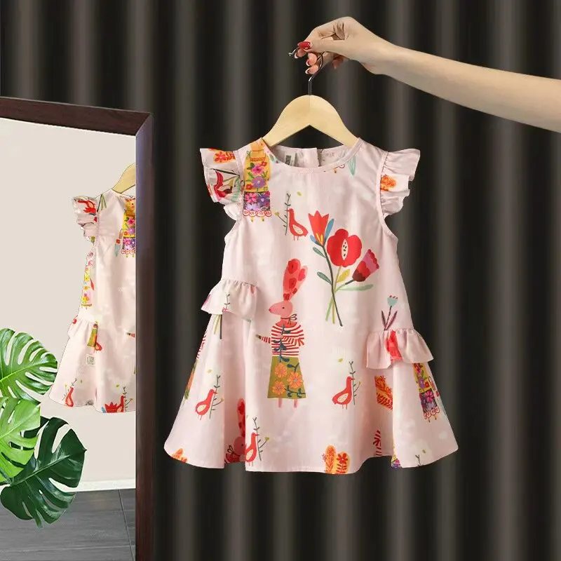 

2025 Summer Young Kid Girl Dress Fragmented Flower Little Girl Dress Korean Thin Short Sleeve Toddler Girl Dress