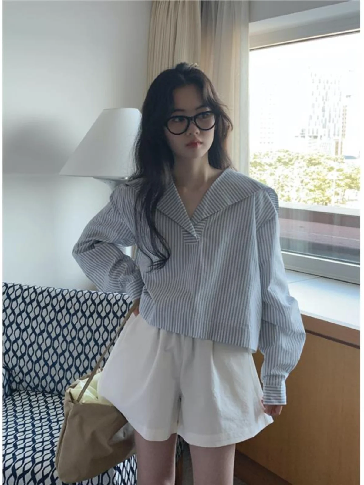 

Fre Striped Women's irt Design Loose Versatile Age-Defng Autumn Navy Collar Ele Top Korean Sle Commute Faion