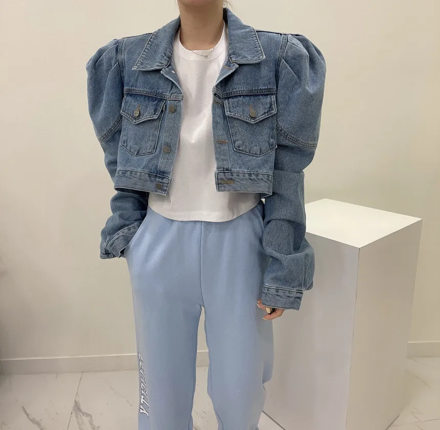 

Short Jackets Women Solid Autumn Spring 2026 Puff Sleeve Vintage Korean Fashion Denim Simple Elegant Veste Femme(XH802)
