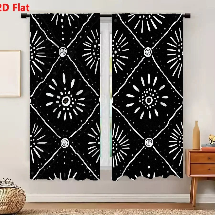 2Pcs Curtains 2D Flat Black And White Seamless Pattern With Hand Drawn Doodle Style Geometric Floral Motifs Diamond Shapes Radia