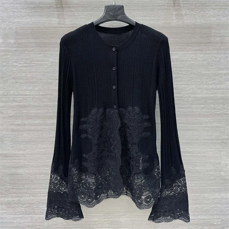 

Cardigan woman New lace patchwork long sleeved top for summer 2025 Elastic knitted slim fit thin coat wool blend Women's sweater