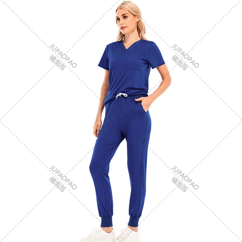 Uniforme de enfermería con cuello en V para mujer, ropa de trabajo de manga corta con bolsillo, sólido, ligero, transpirable, Tops, pantalones, traje de trabajo suave, nuevo