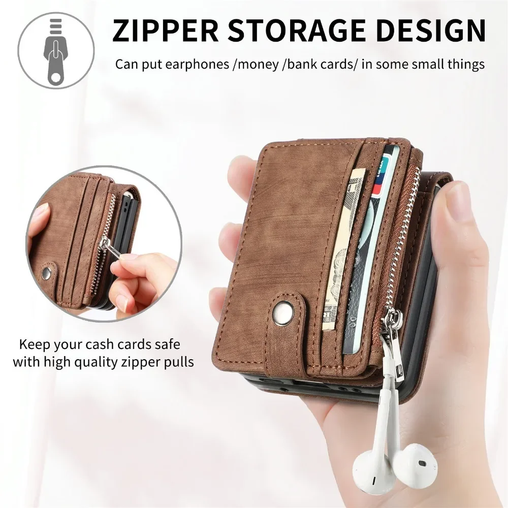 Galaxy Z Flip 6 Wallet Phone Case with Removable Card Holder for Samsung Z Flip 5 4 3 Flip5 Flip4 Flip3 5G Faux Leather Cover