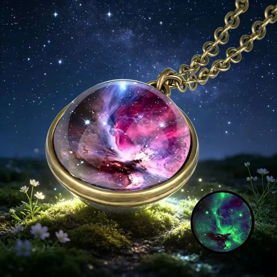 18mm Night Glow Double-sided Glass Sphere Pendant Nebula Galaxy Solar System Link Chain Necklace Universe Planet Jewelry Gift