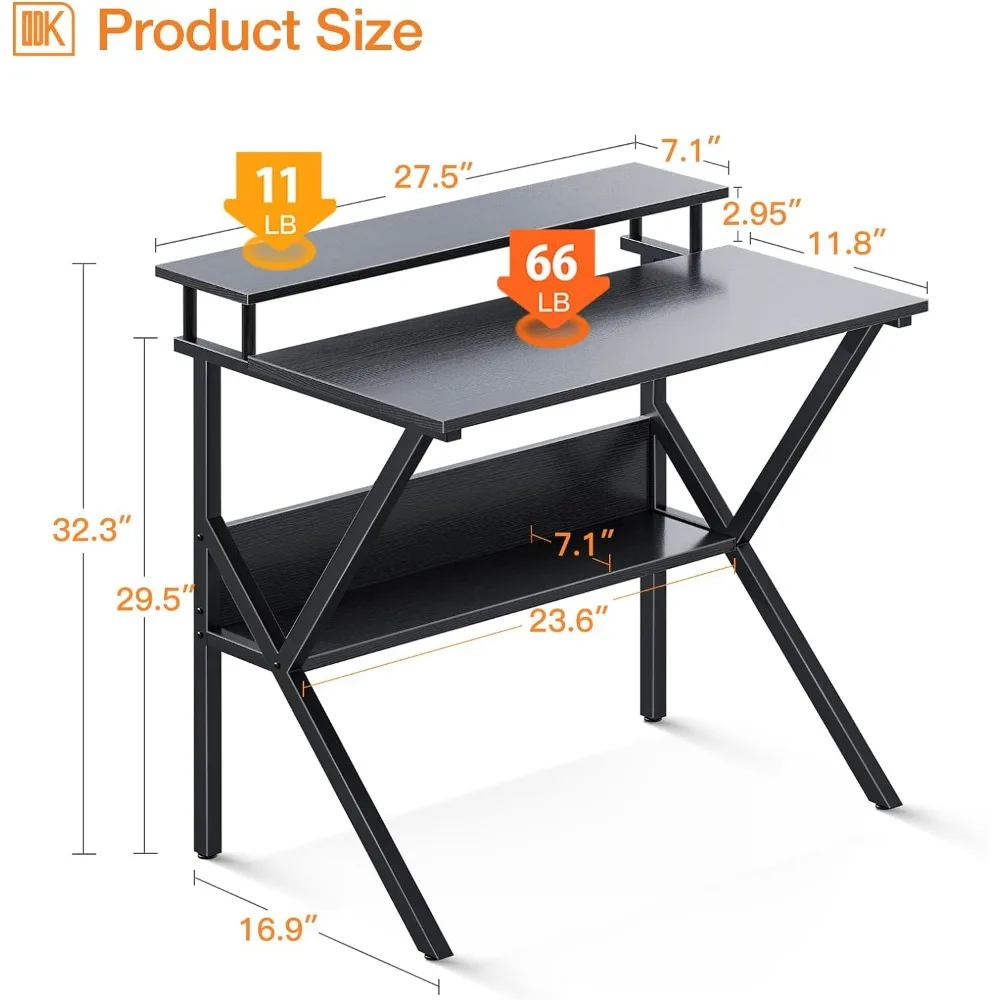 Petit bureau d'ordinateur de 27.5 pouces, petit bureau d'étude compact avec rangement et support de moniteur pour le bureau à domicile