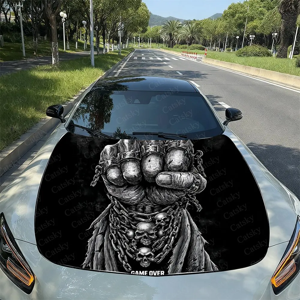 Chain Boxing Gloves Skeleton Car Hood Vinyl Wraps, PVC Waterproof Car Bonnet Decals, Self-Adhesive Scratch-Resistant Stickers Fo