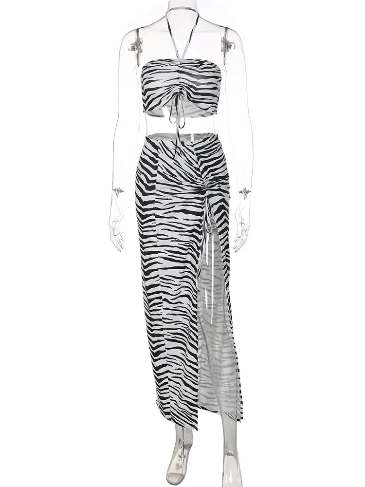 European and American hot summer suit fashion printing sexy neck wrap chest slit rope skirt two sets17