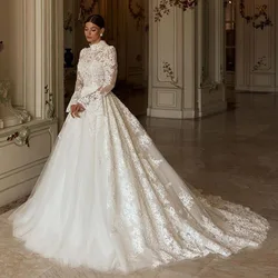 Elegant Lace Appliques Wedding Dresses Chapel Train Long Sleeve High Neck Draped Ball Gown Formal Princess Muslim Dress Vestidos