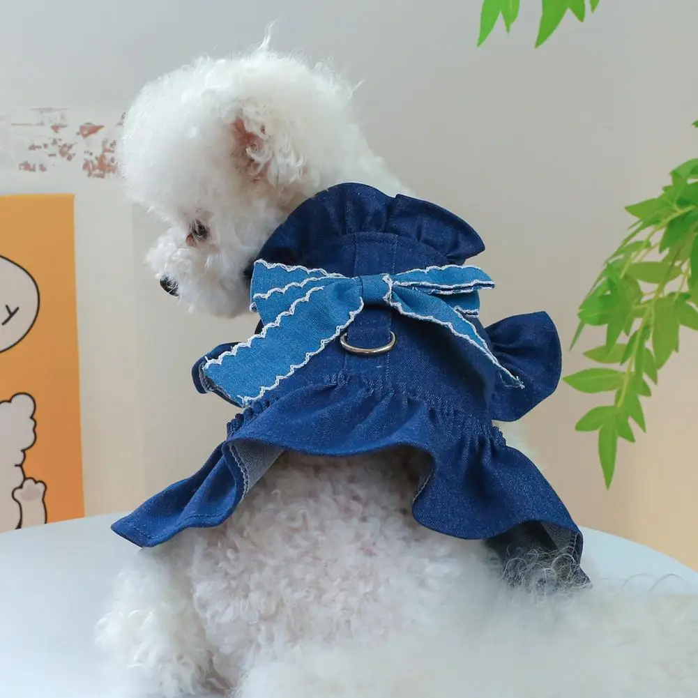 Denim Dress with Large Bowknot for Dogs and Cats, Ruffle Sleeves, Cute Pet Outfit, Sweet Flying Sleeves, Skirt for Dogs