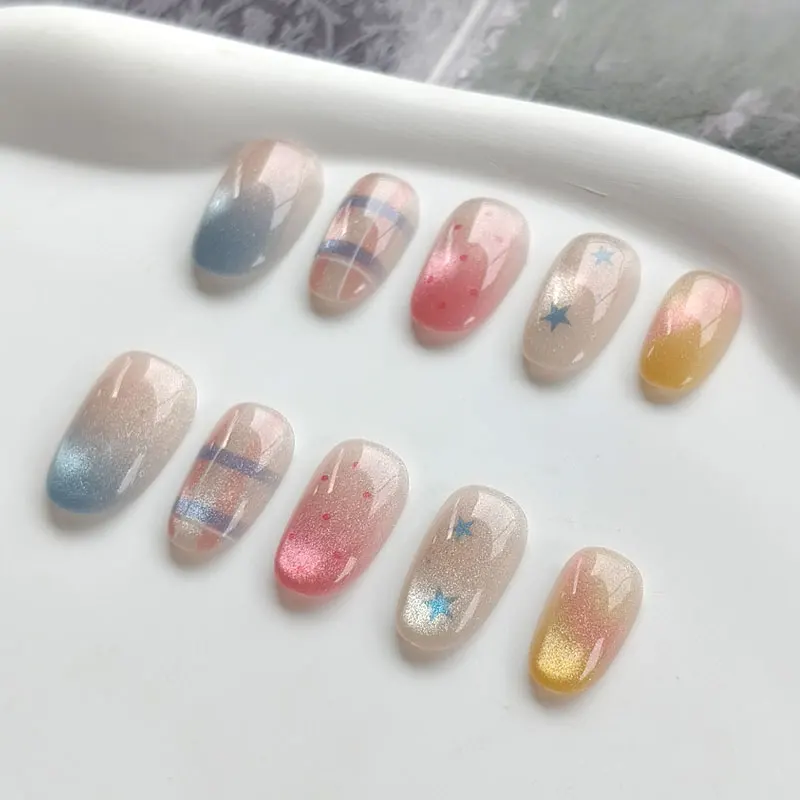 10 Stück Bunte Karierte Stern-Ösen Fein Glitzernde Ösen Mandel-Design Hochwertige Aufklebbare Nägel Maniküre-Aufkleber Press-on-Nägel – Detail 12