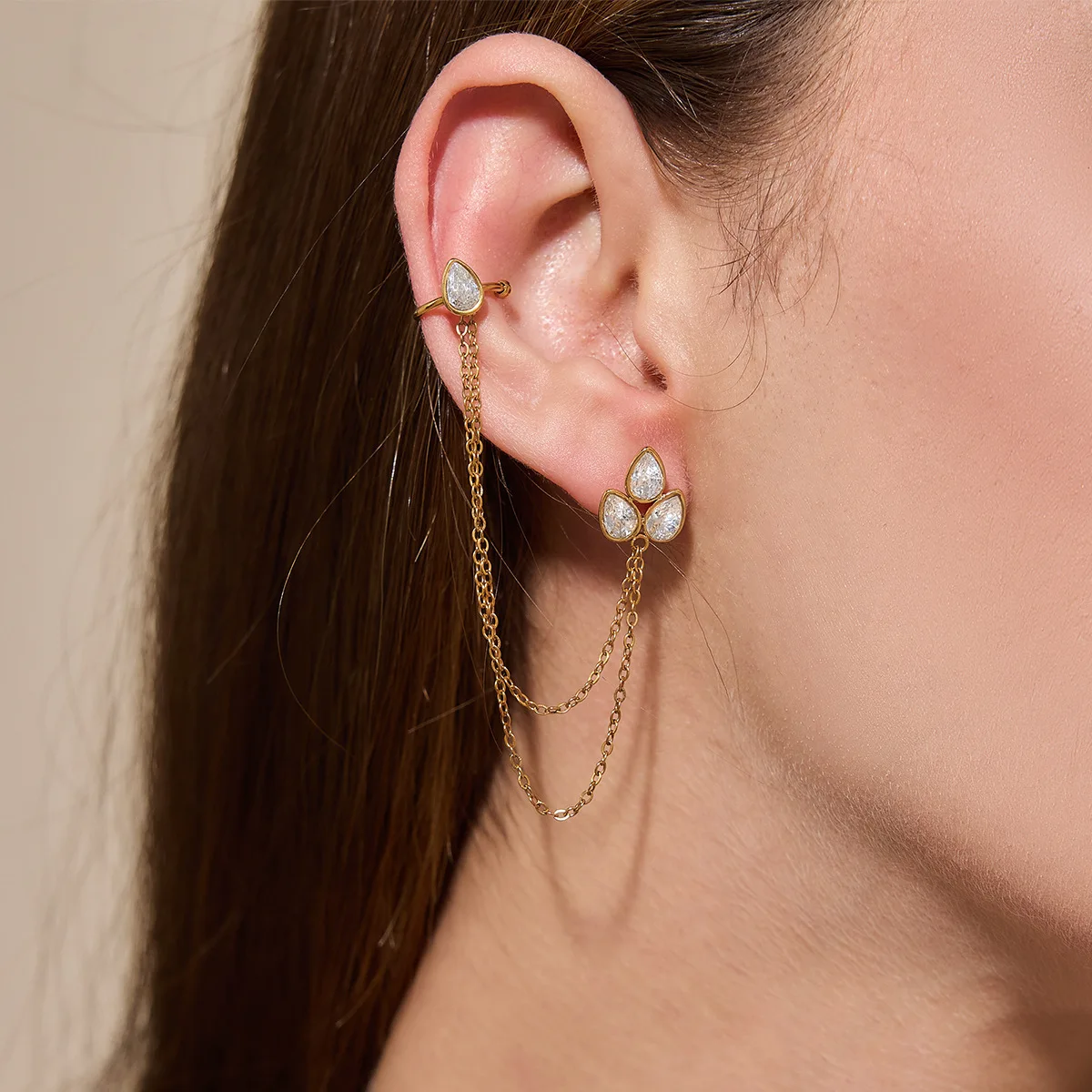 Women Integrated Ear Cuff Tassel Earrings Stainless Steel Luxury High Sense Dangle Drop Stud Ear Jewelry Fashion Accessories