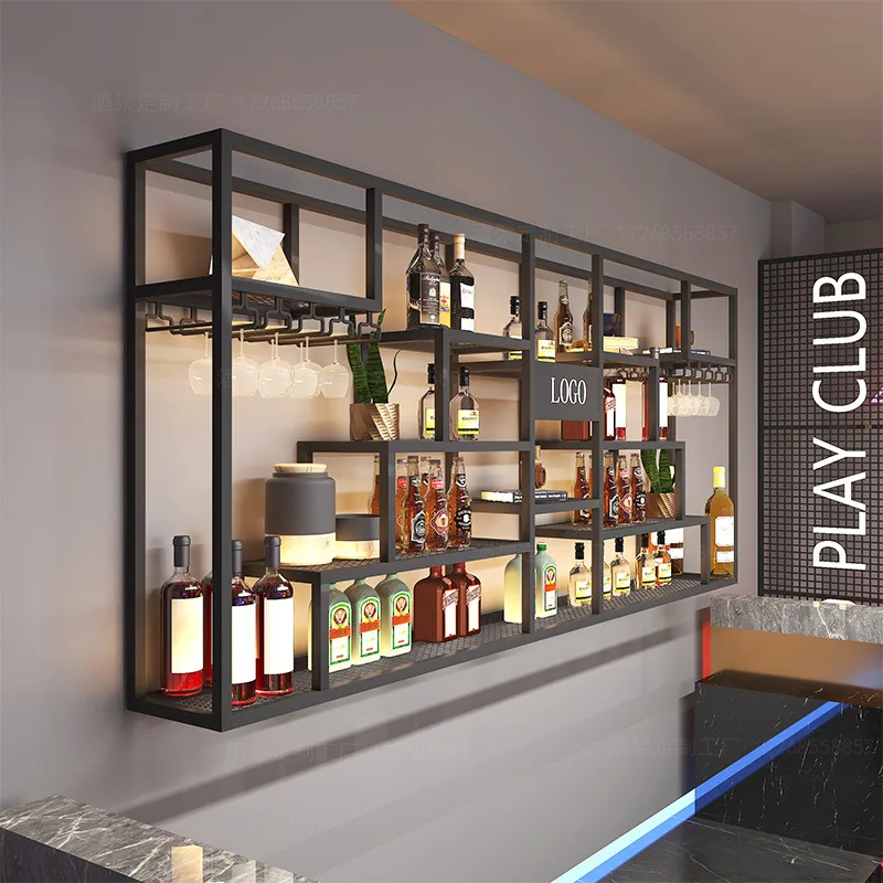 Industrial Style Storage Display Stand Bar Wall Wine Cabinet Shelf Restaurant Wine Rack Wall Mounted Bar Counter Wine Shelf