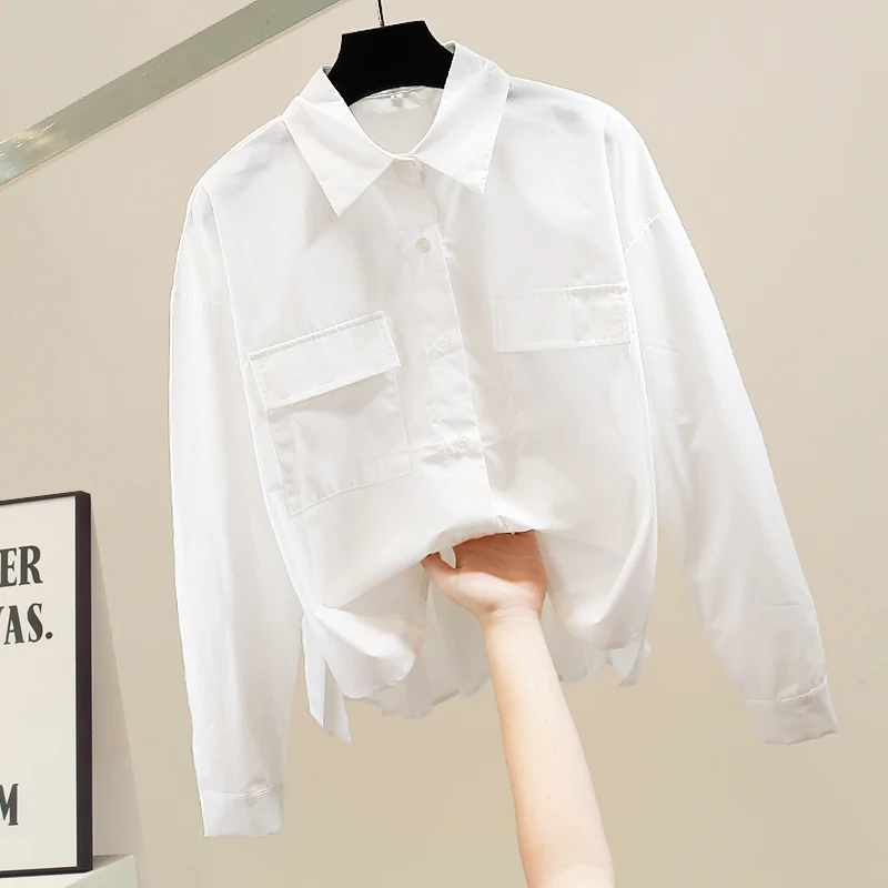 

Korean Sle Faionable Heavy Du Long Sve irt Design Sense Double ket Decoration Loose Match All over Top irt