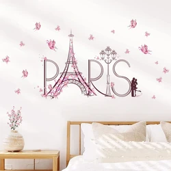 1Pc Eiffel Tower Couple Hug Pink Butterflies Wall Stickers Living Room Decoration Bedroom Wall Decals Kids Home Decor