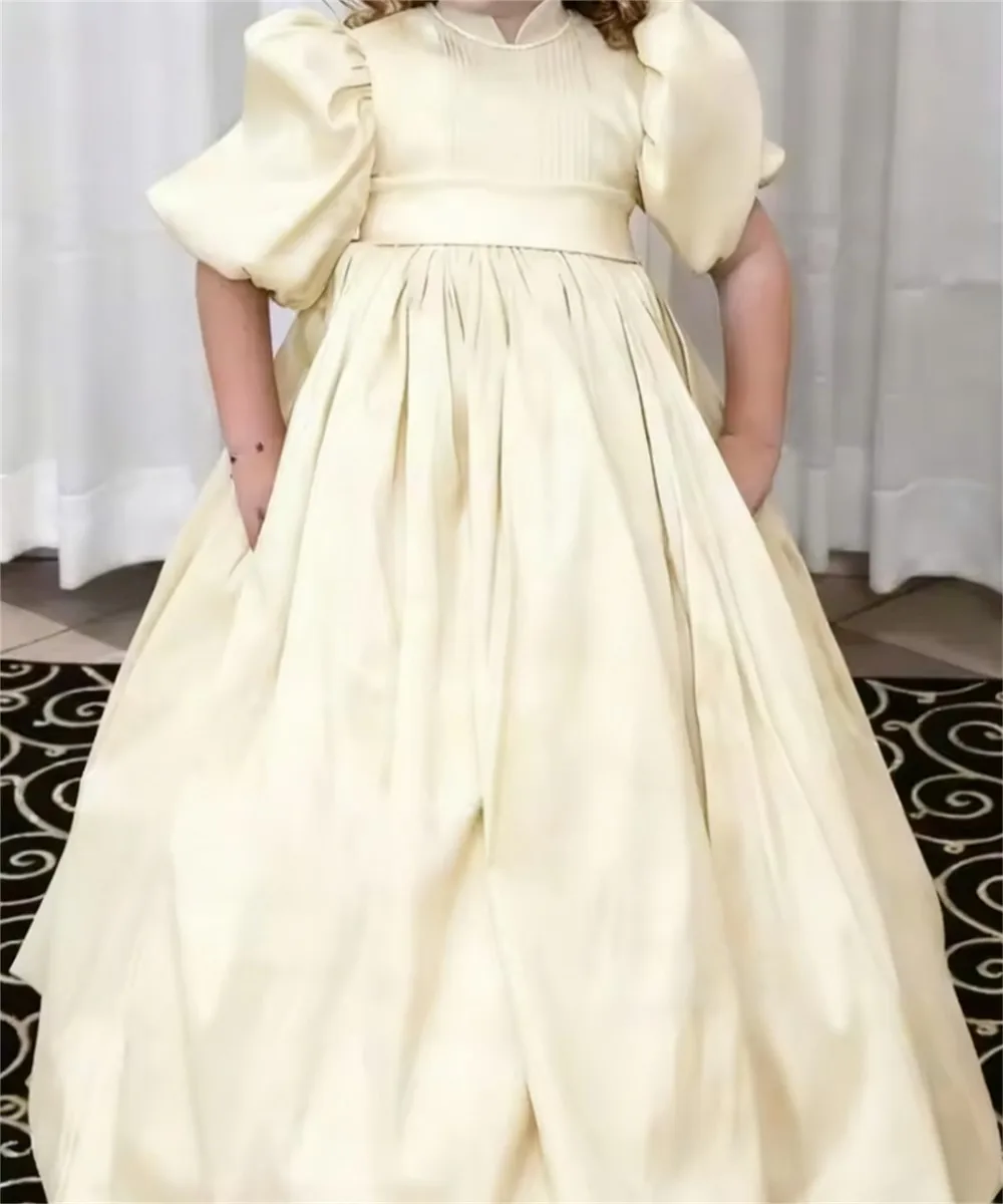 

Customized Satin First Communion Dress Puff Half Sleeves Flower Girl Wedding Dress Elegant Pleated Kids Birthday Party Gown