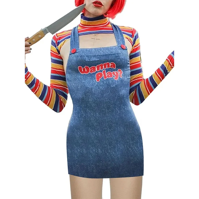 MN1 Women Scary Nightmare Killer Doll Wanna Play Movie Character Bodysuit Chucky Doll Costume Cosplay Jumpsuit9*Jy