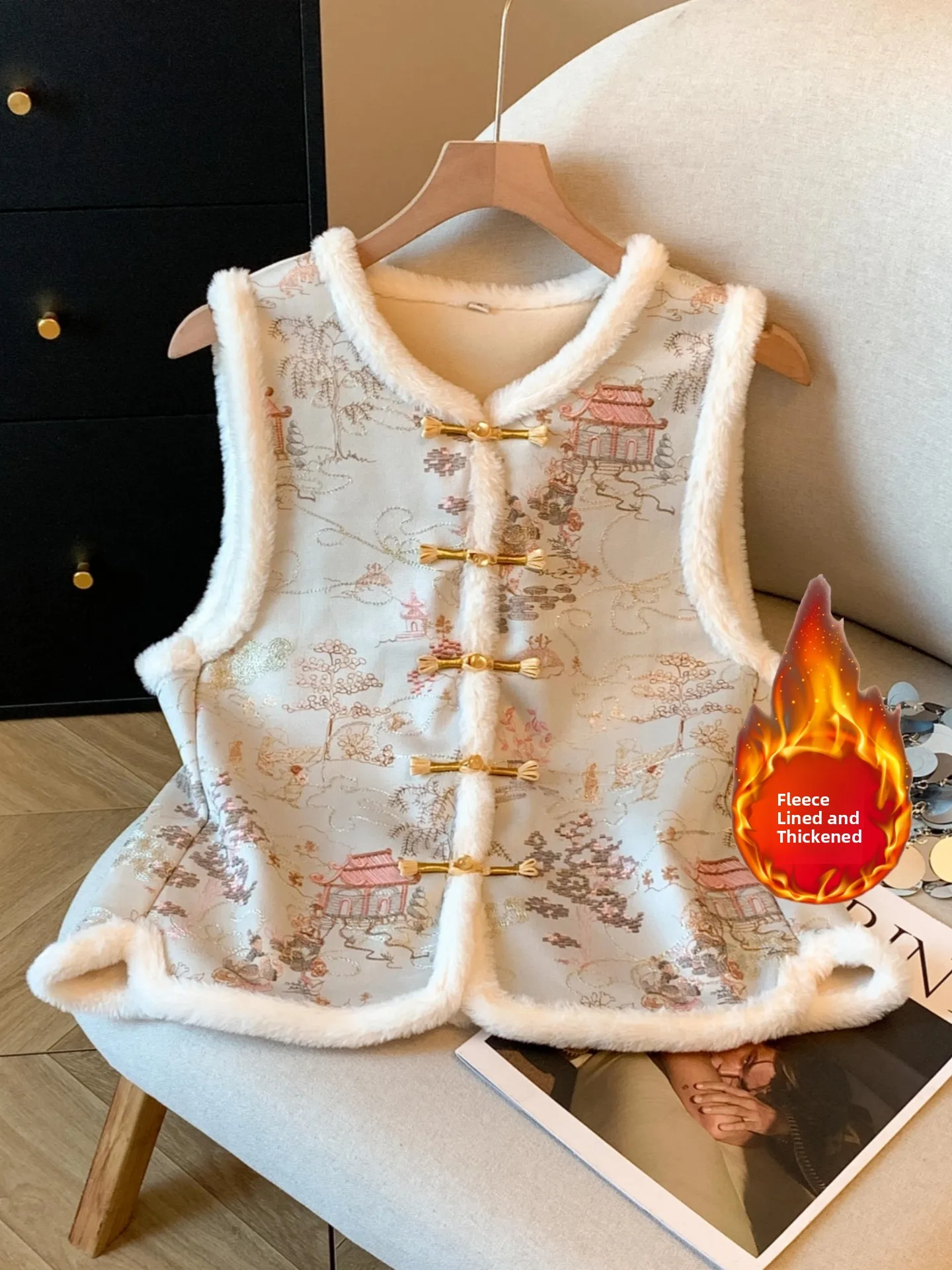 Thickened Fleece Vest Women's Layering Spring Autumn plus Size Flattering New Chinese Style National Trend Button Embellished...