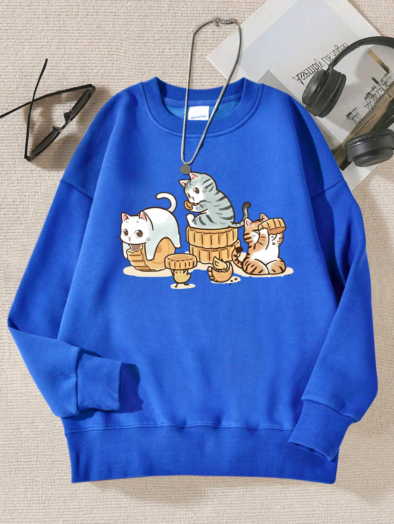 The Cat Secretly Eating Pastries Print Female Pullovers Simple Casual Hoody Autumn Loose Sweatshirt Hipster Fleece Sportswears