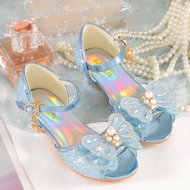 Children's Princess Shoes Summer New Girls' Performance High Heels Fashion Pearl Bow Baby Crystal Sandals