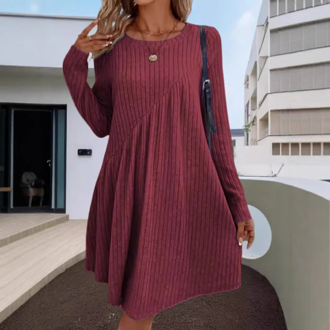 المرأة n غير النظامية ماتي اللون الدكتور Thiened محبوك مرونة الخصر البوليستر النسيج الخريف الموسم بوهو Sle Dr #3