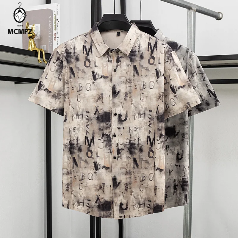 

Mens Artistic Print Short Sleeve Shirt Business Casual Button Up Turn Down Collar Breathable Fabric For Office Daily Use