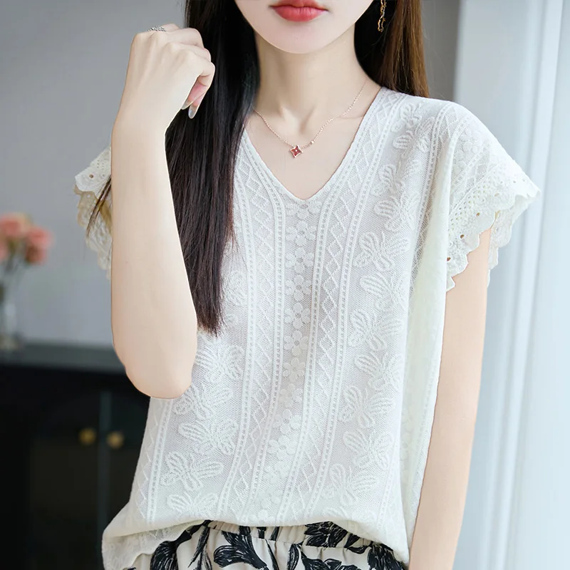 

Summer new women's T-shirt 100% Lyocell Tees casual jacquard pullover lace short sleeved V-neck loose Jumper simple/versatile