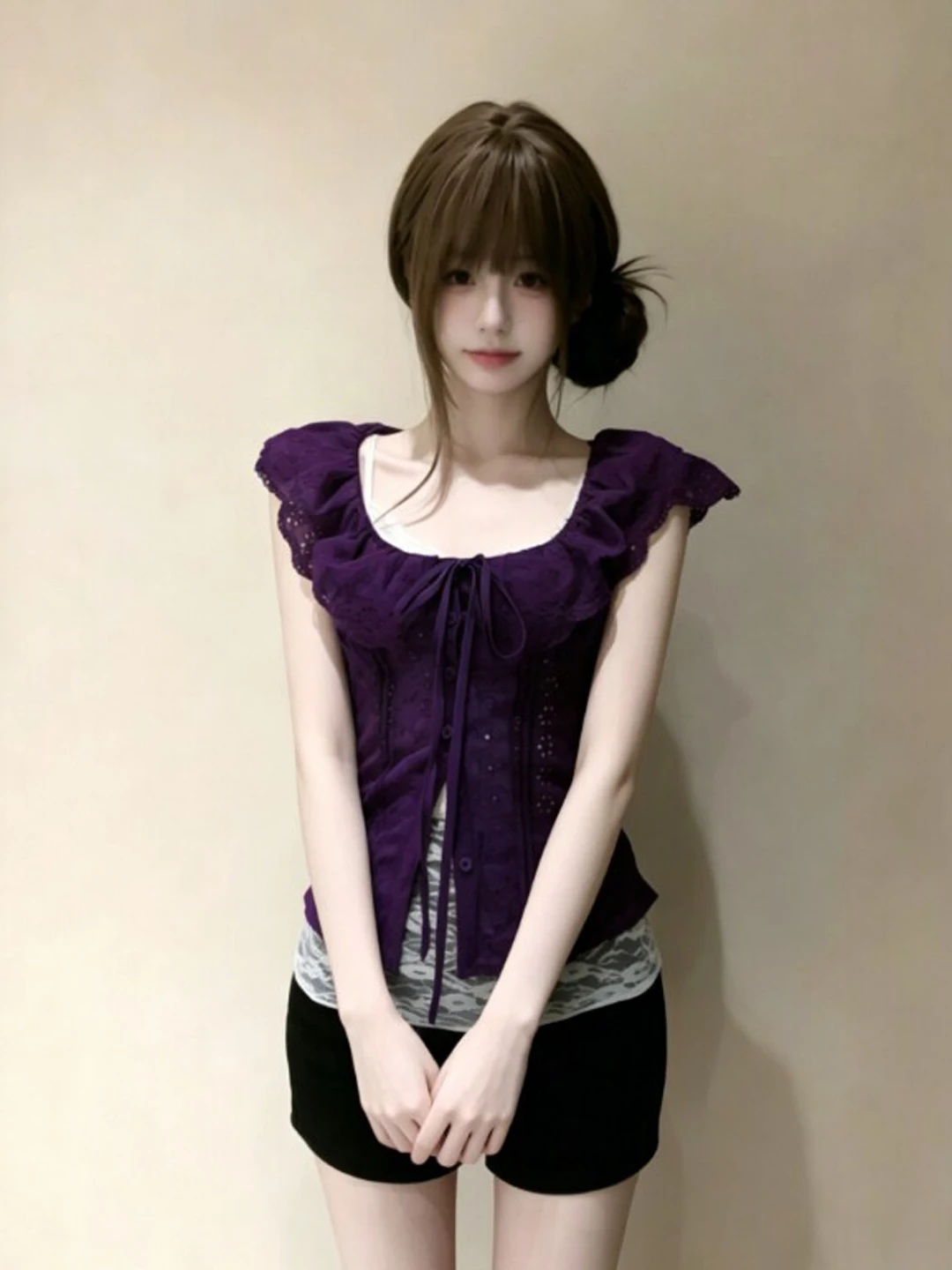 

Retro Style Unique Beautiful Purple Shirt Inner Wear Two-Piece Set Elegant Not Repeating Summer 2026 Women's Cotton Slim Fit ...