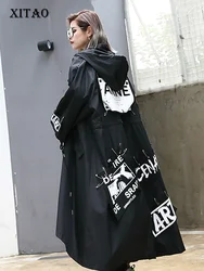 XITAO-gabardina negra empalmada para mujer, ropa de calle larga con estampado de marea, Sudadera con capucha, abrigo informal de cintura ancha para mujer, ZLL1100, 2019