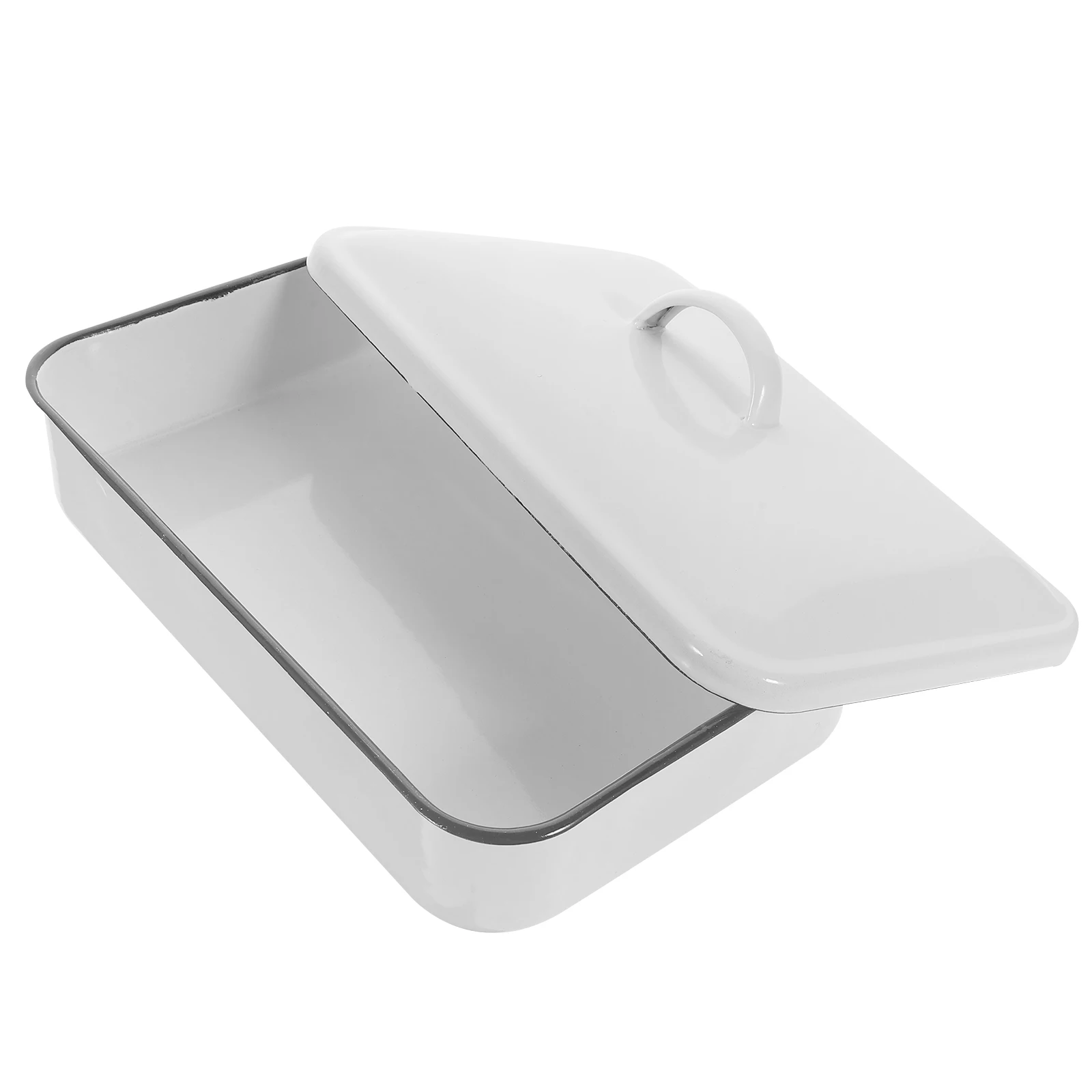 

1pc White Enamel Pan Rectangular Enamel Roasting Baking Tray Oven Baking Pan Food Preservation Dish Food Plate With Lid Crisper