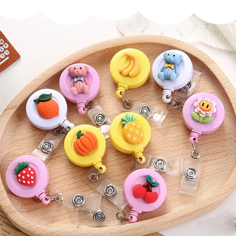 Cartoon Fruits Bear Retractable Pull Badge Reel Key Ring Chain Clips Name Tag Card Badge Holder Reels