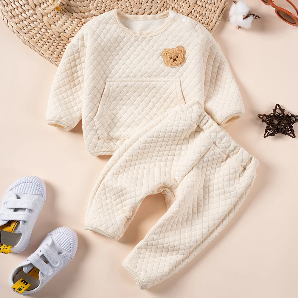 Winter Baby Home 2-piece Set, Bear Head Pattern Shoulder Button Round Neck Top+Solid Color Skincare Pants