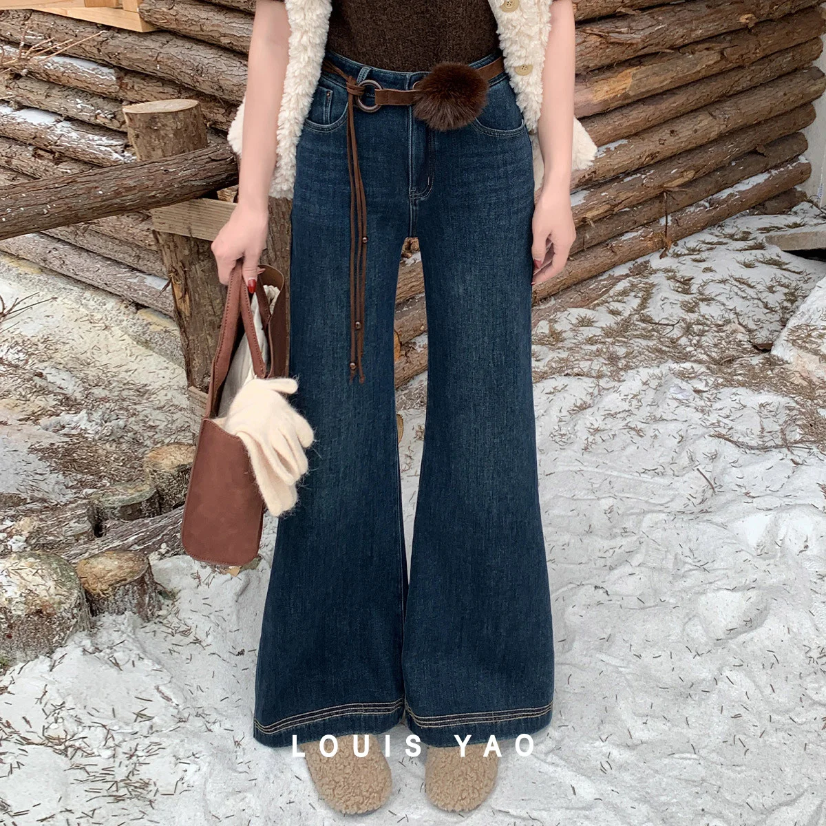 LOUIS YAO Retro Women's Bootcut Jeans 2026 Autumn/Winter High Quality Long Length Stretch Fleece-Lined Thickened Cowboy Pants