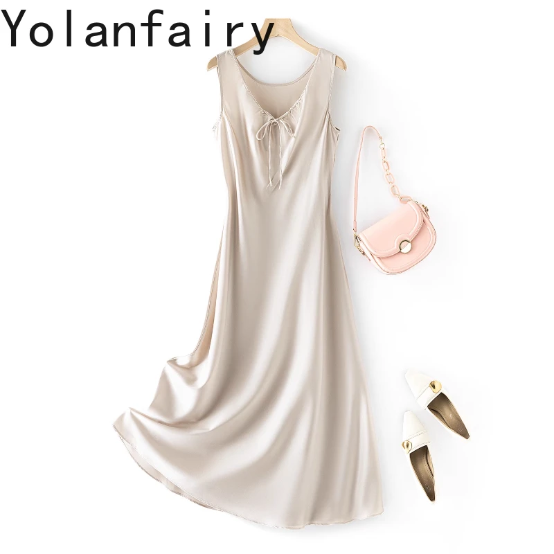 YOLANFAIRY Sukienka damska ze 93% jedwabiu morwowego, satynowa, sznurowana, beżowa, elegancka sukienka typu \"vest\", bez rękawów, odzież letnia