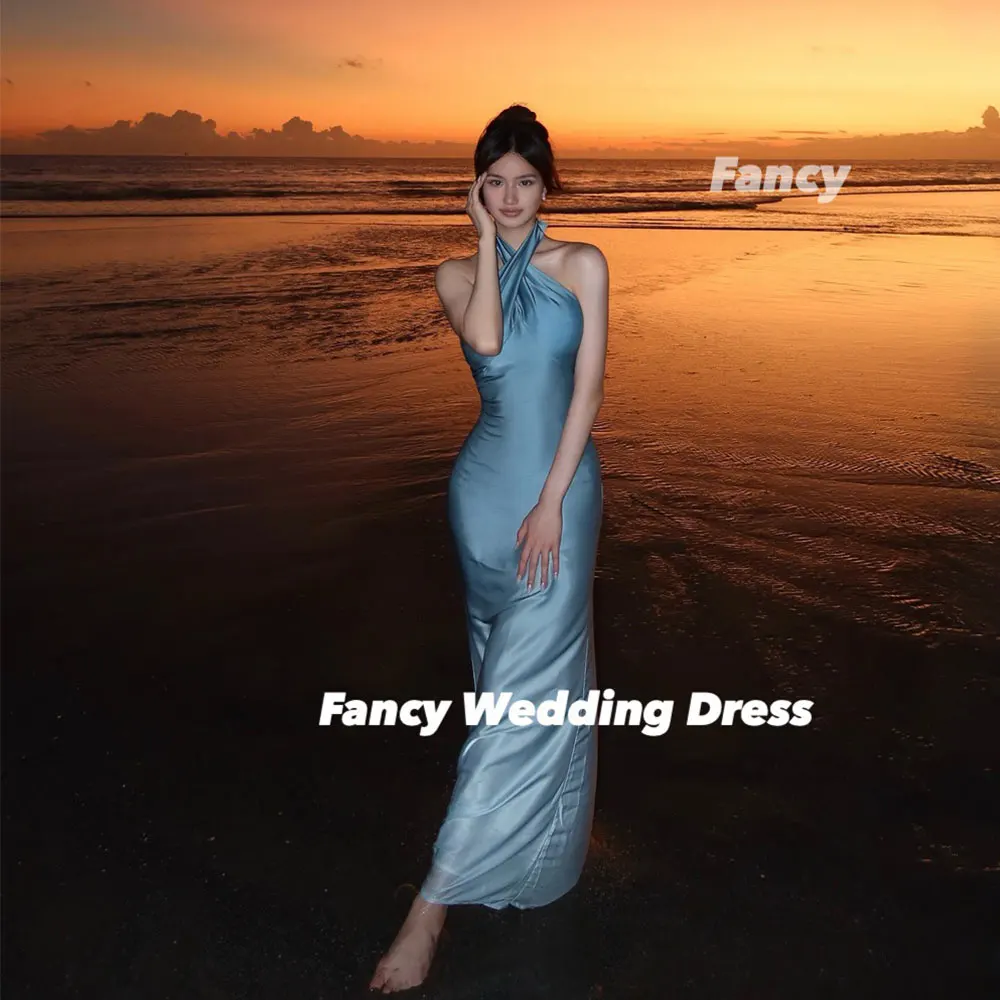

Fancy Sexy Blue Halter Evening Dress Mermaid Imitation Silk Prom Gown Sleeveless Beach Party Dresses Customized