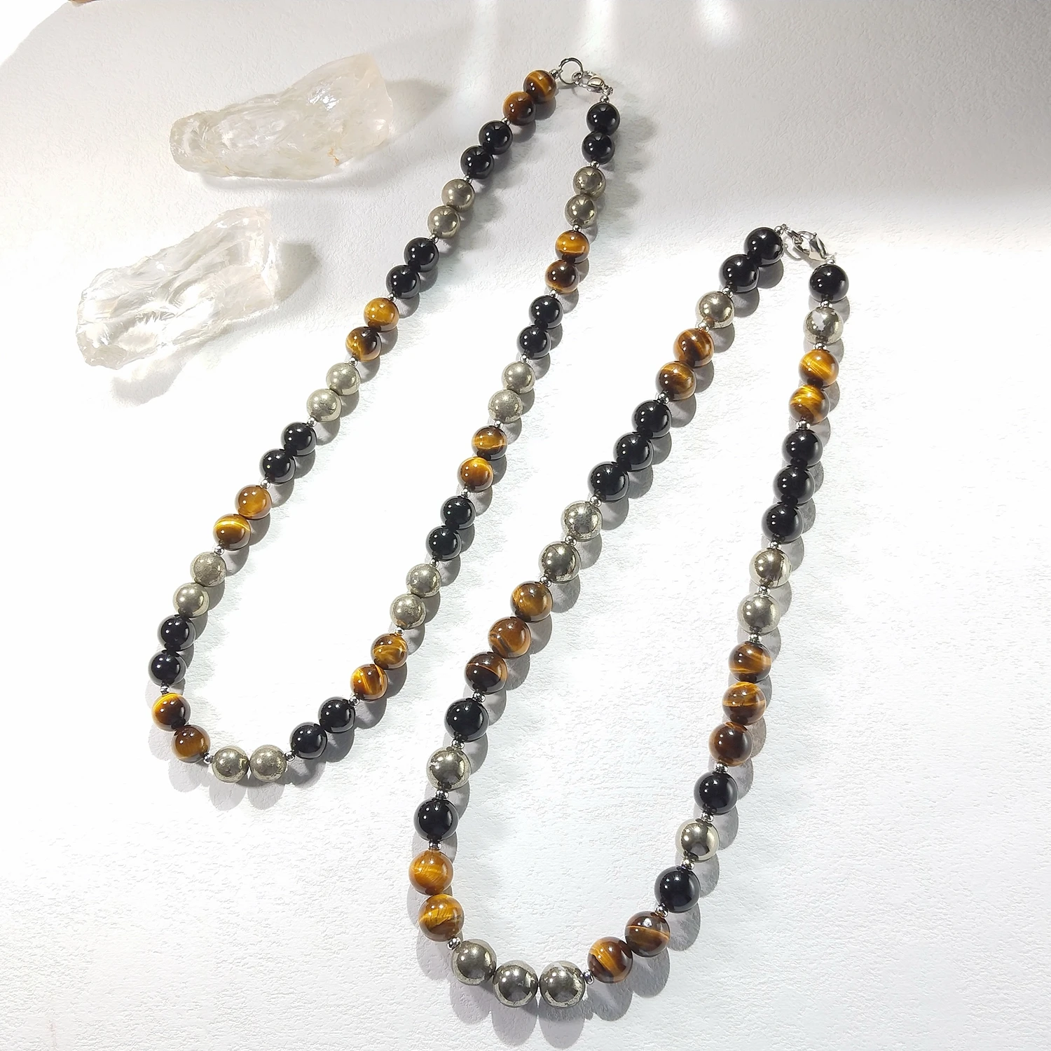 

Lii Ji 10mm/12mm Tiger's Eye Pyrite Black Agate Multi Stone Stainless Steel Necklace 52cm Trendy Necklace For Male