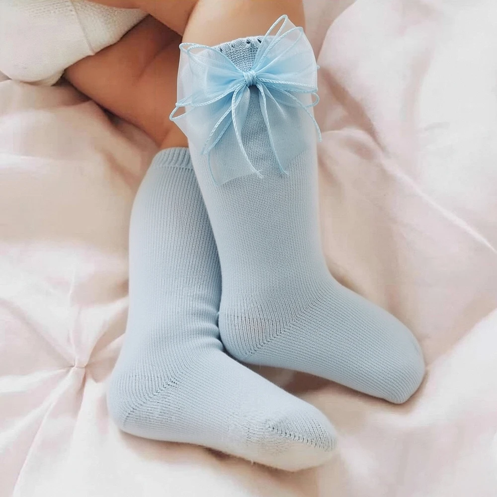 Ins Fashion Princess Girls Knee High Socks With Silk Bows Infant Baby Stocking Cotton 12 Color Children Dressing Sock  School