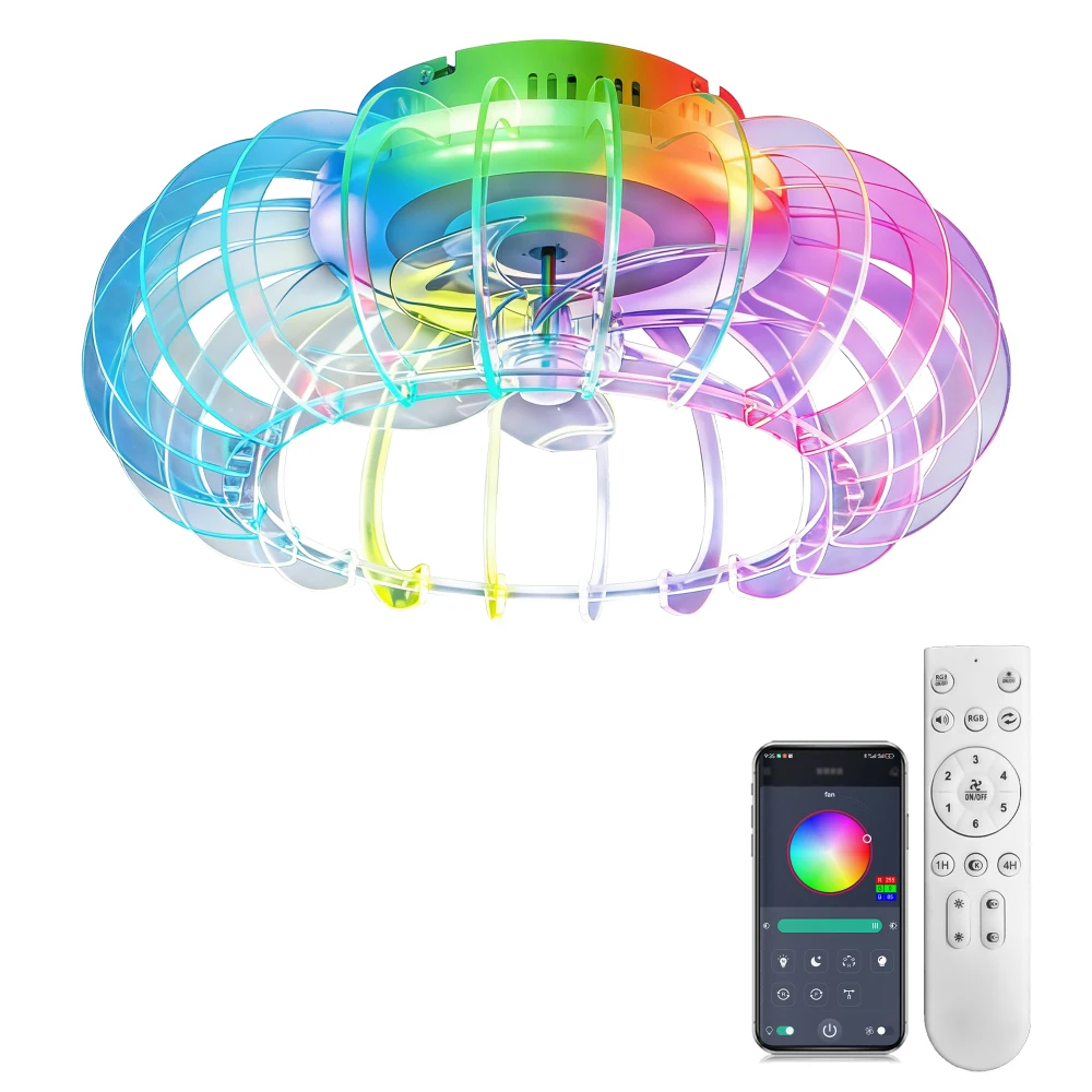 21'' Low Profile Bladeless Ceiling Fan with Lights Dimmable LED Enclosed Ceiling Fans with Light and Remote 6 Wind Speeds Reversible Ceiling Fan with Bluetooth Speaker for Kids Room Bedroom Party